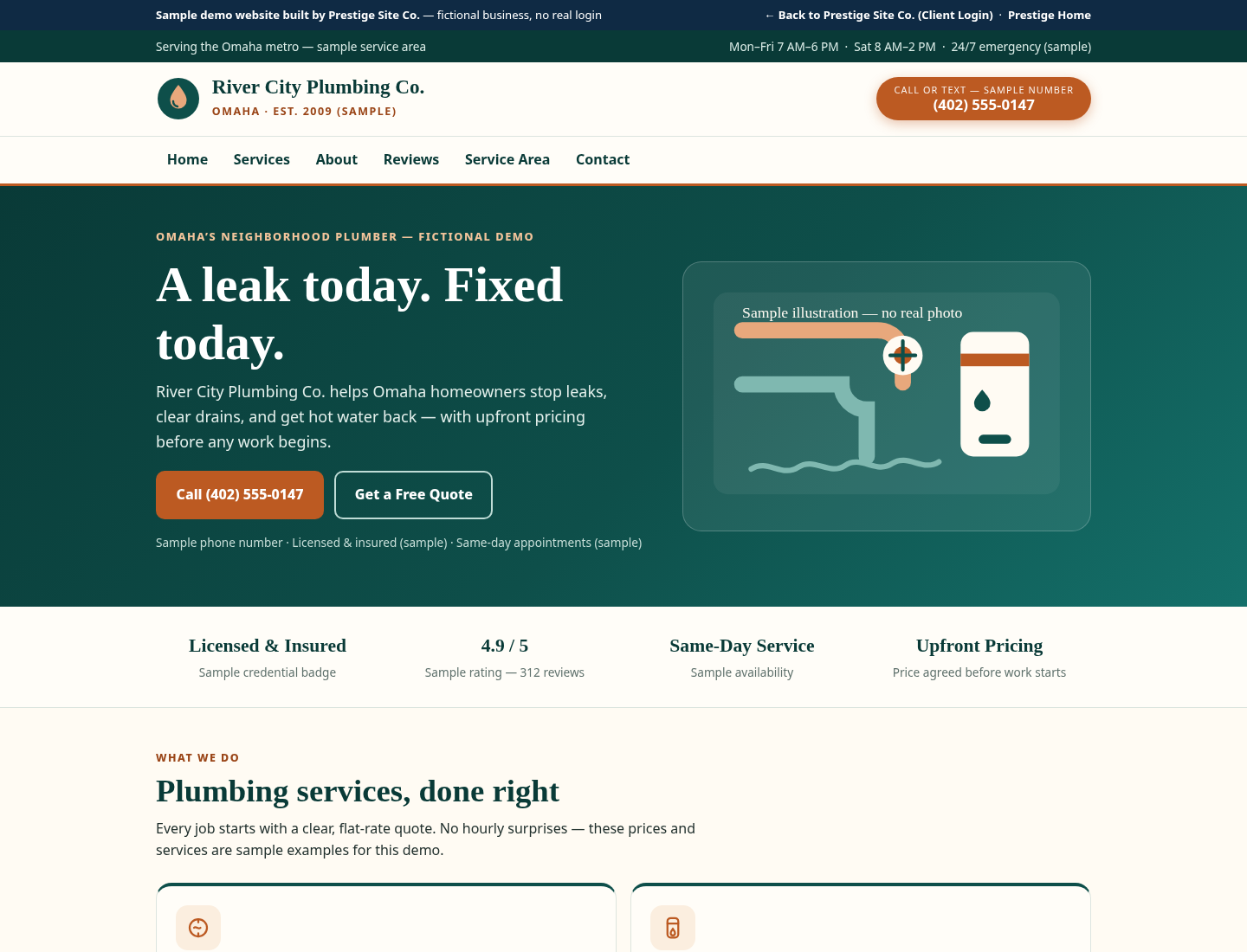 Preview of the River City Plumbing Co. sample demo website built by Prestige Site Co.